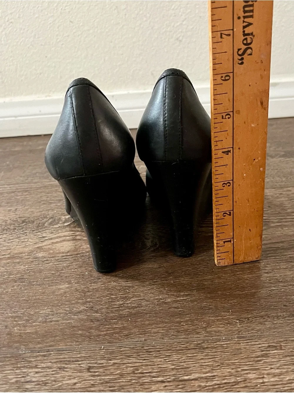 Audrey Brooke Black Wedge Peep-Toe Pumps with Gold Medallion
